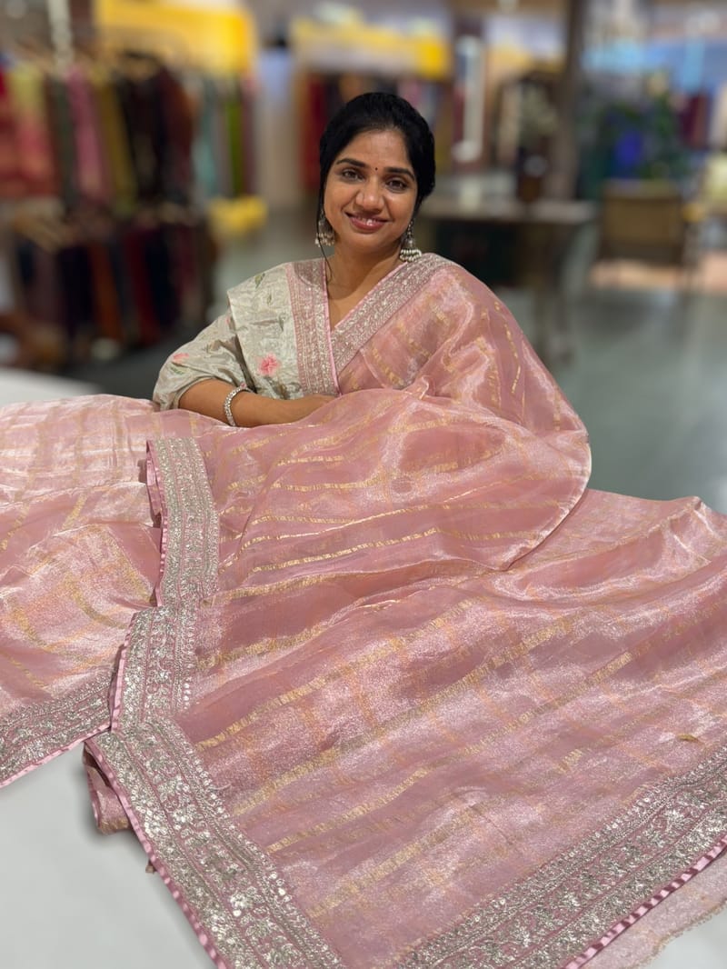 Pastel Pink Banarasi Tissue checks Saree with Sabyasachi Borders SS50433