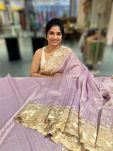 Lilac Mul Tissue Stripes Saree With Tissue Cutwork  Border & Blouse