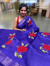 Purple Muslin Saree with Pocket Sequins & Hibiscus Embroidery