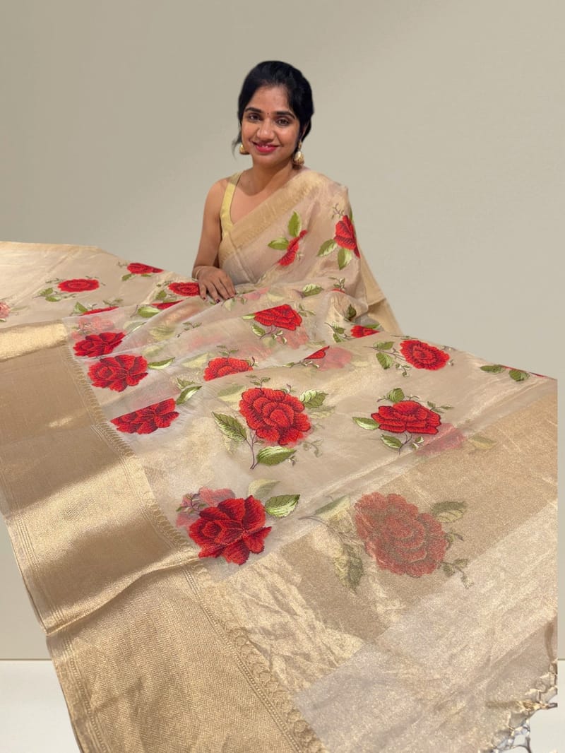 Light Gold tissue saree with embroidery