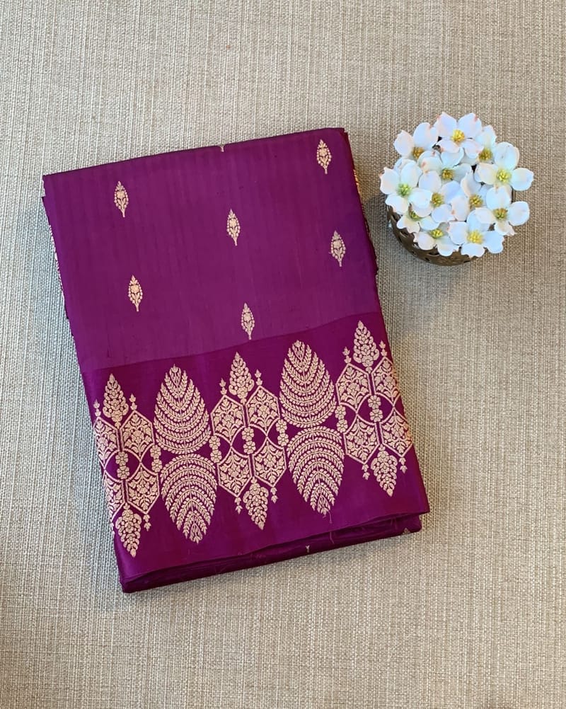 Wine Poona Silk Saree with heavy weaving open Mashru border