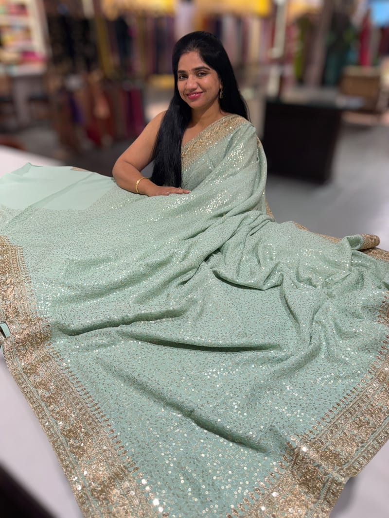 Mint Georgette Sequence saree with sabhyasachi borders and printed blouse SS50513