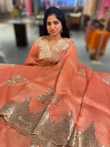 Coral Peach Organza with chantilly Lace embroidery SS50482