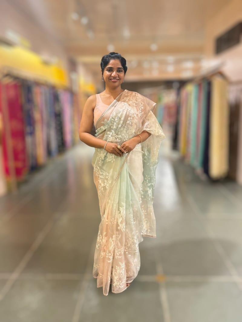 Pure Muslin Ombre Dyed Saree With allover Embroidery