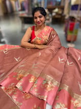 Dark Onion Pink Tussar Dhupion Saree with Floral printed mashru borders SS50462
