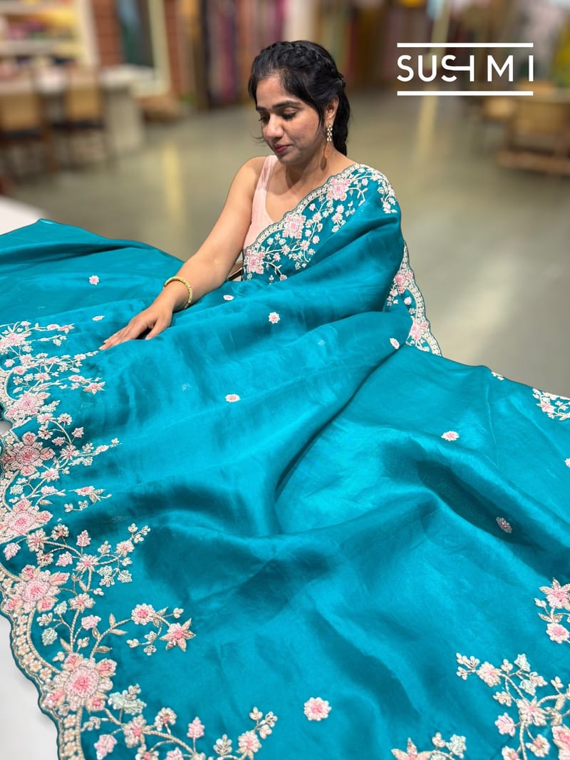 Peacock Green Pure Organza heavy handwork saree