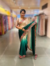 Chickoo and emerald Green Pure Satin Ombre Dyed Saree with Petite Point Embroidered Border and blouse.