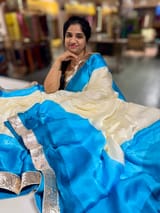 Ivory & Blue Combo Chinnon Crepe Saree with Gotapatti Borders SS50610