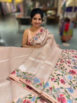 Peach pink kora tissue saree with pythani inspired embroidery