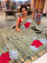 Sage Green Tussar Brocade Saree With Statement Red Rose Embroidery SS50469