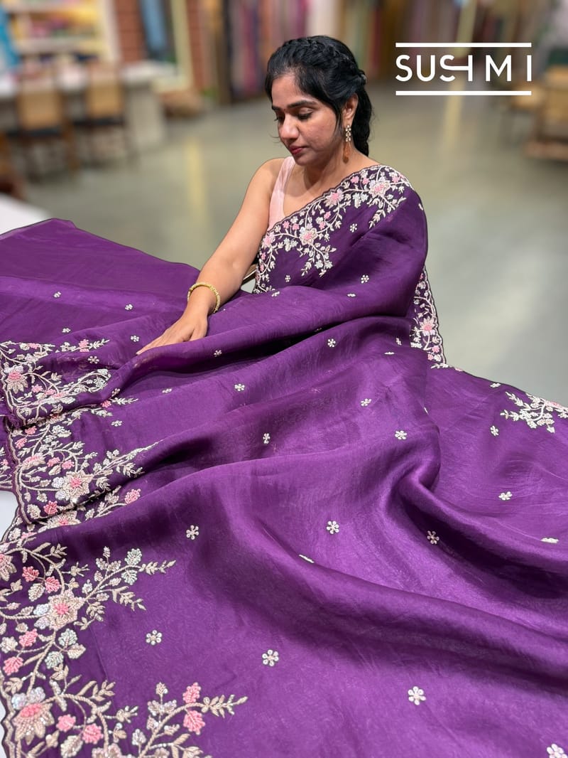 Violet  Pure Organza heavy handwork saree