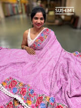 Lilac Pink Pure Gajji Silk Rai bandhej Saree with petite point embroidery