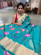 Peacock Blue Kanchi Soft Silk Saree with embroidery : S62F174