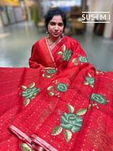 Red muslin tissue stripes saree with hibuscus emb