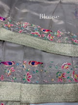 Muted Earthy Dove tone Organza Banarasi Fusion Saree with Bird Appliqué