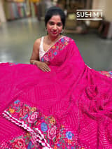 Fuschia Pink Pure Gajji Silk Rai bandhej Saree with petite point embroidery