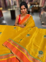 Yellow Banarasi  Tissue fusion Saree with embroidery