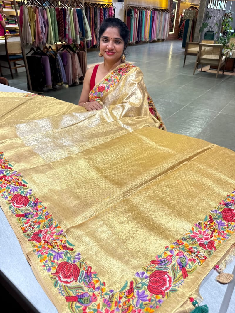 Gold Kanjeevaram Tissue Sareewith petite point embroidery : D62F087