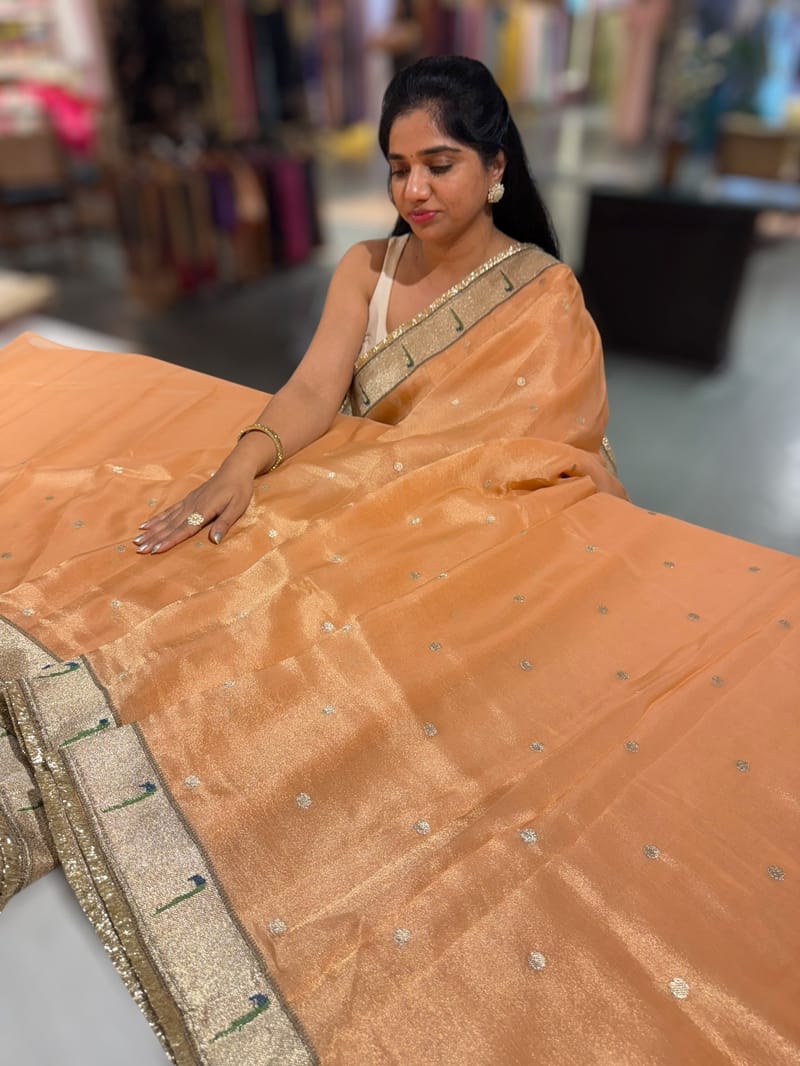 Peach Tissue Saree with pythani tissue embroidered border SS50543