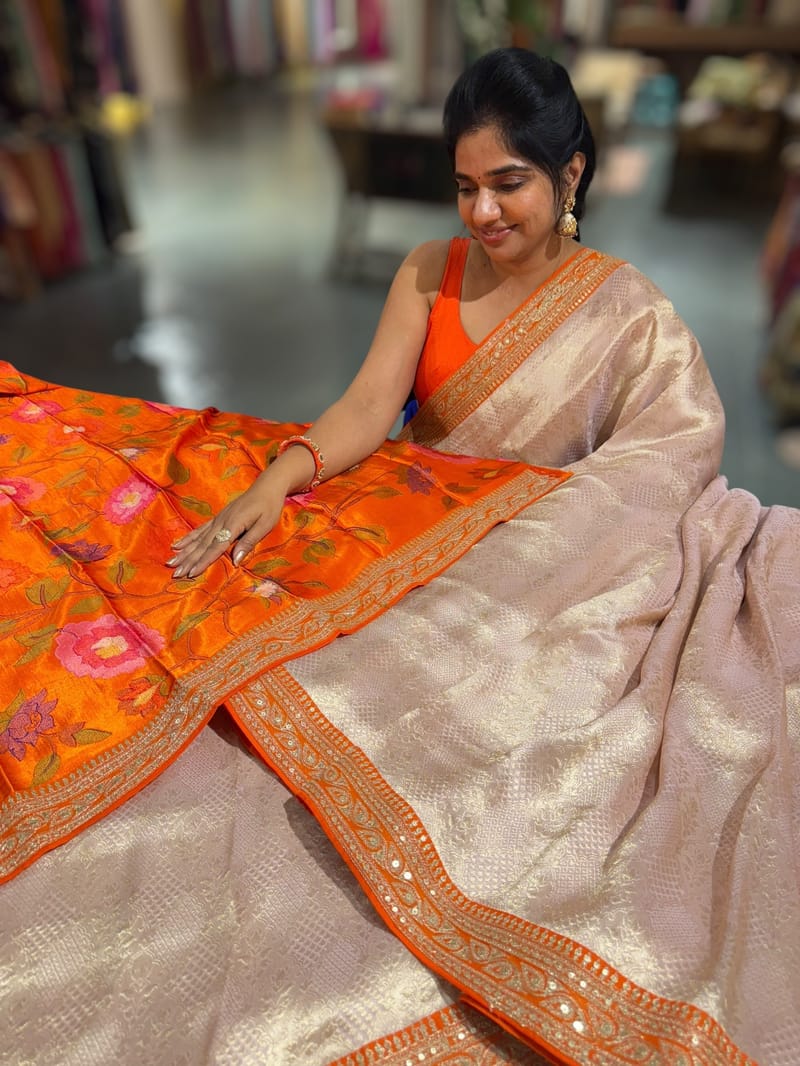 Lilacish pink & Orange Combo Banarasi Tissue Brocade saree SS50219