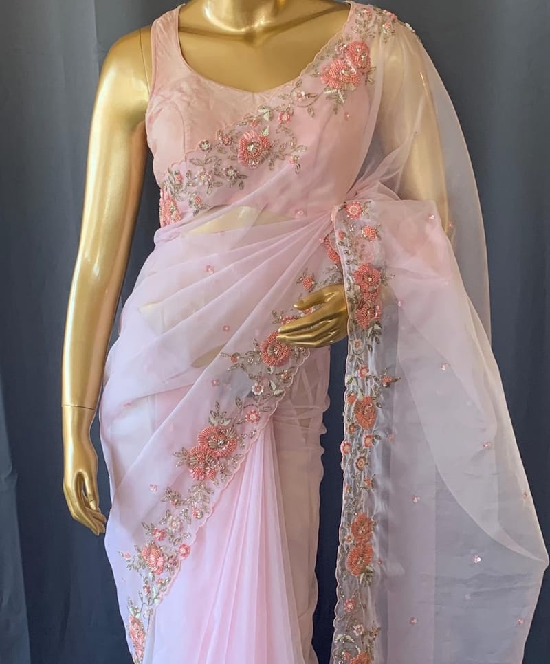 Baby Pink Organza Saree with handwork