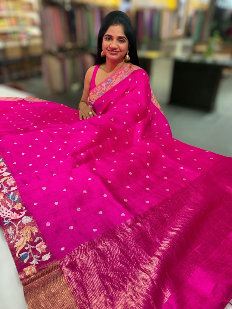 Fuschia Pink Raw Silk Saree with Pythani inspired Embroidery