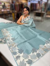 Dark Powder Blue Organza Saree with Stunning Leaf Embroidered Border SS50314