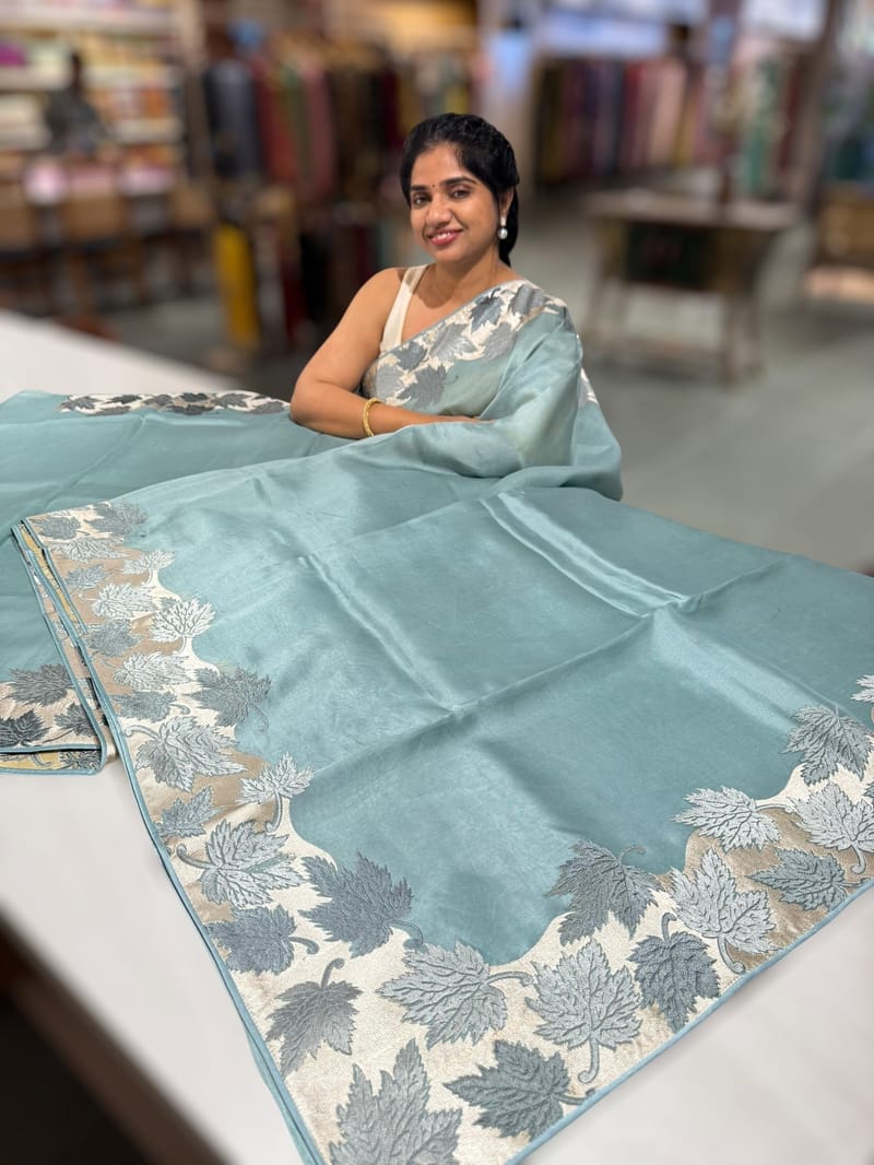 Dark Powder Blue Organza Saree with Stunning Leaf Embroidered Border SS50314