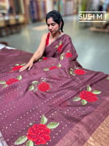 Winish Brown muslin tissue stripes saree with hibuscus emb