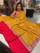 Yellow Pure Handloom Crush Tissue Saree with Bandhini Silk skirt borders & Sabhya borders