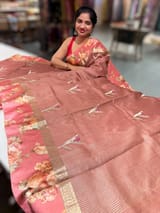 Dark Onion Pink Tussar Dhupion Saree with Floral printed mashru borders SS50462