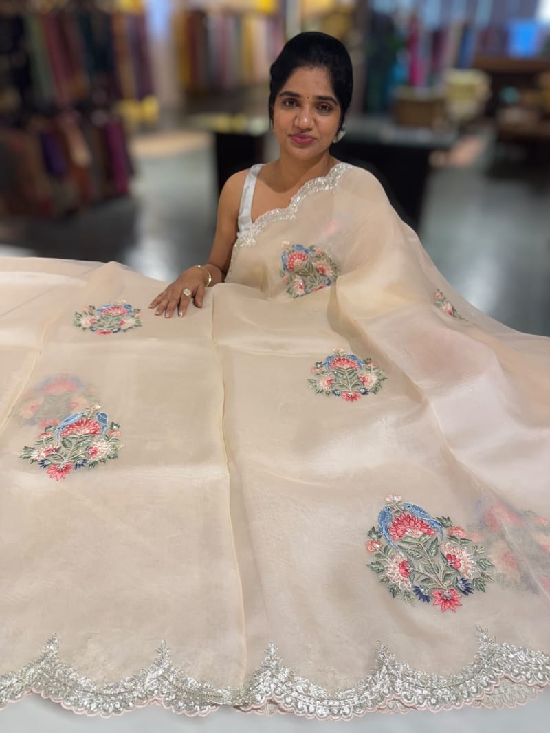 Nude Pink pure Organza handwork saree SS50287