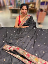 Black Kanchi soft silk saree with pythani and jamdani inspired embroidery SS50133