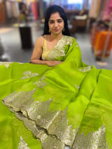 Neon Green Organza with chantilly Lace embroidery