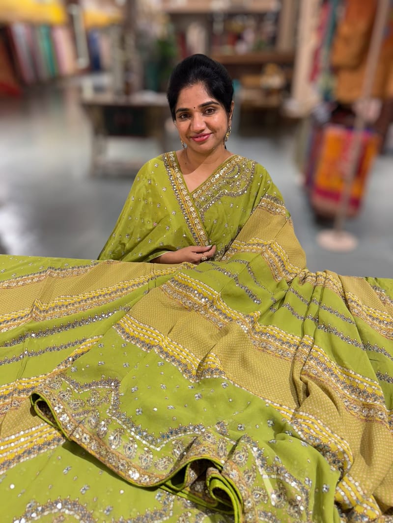 Light Green Kareena Inspired Gorgette Saree with allover mirrors