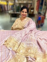 Lilac Mul Tissue Stripes Saree With Tissue Cutwork  Border & Blouse