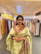 Mint Green Banarasi Brocade tissue saree with tonchui style weaving and parsi gara embroidered border SS5083