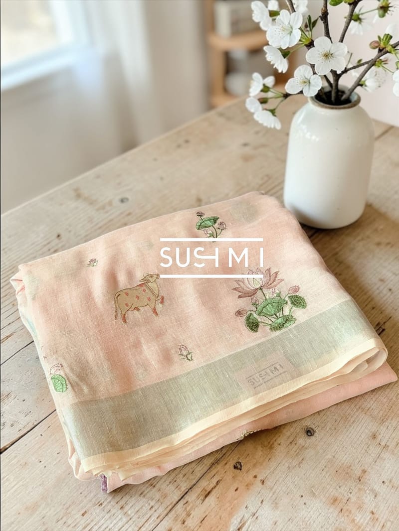 Pure Lenin Saree with pichwai embroidery