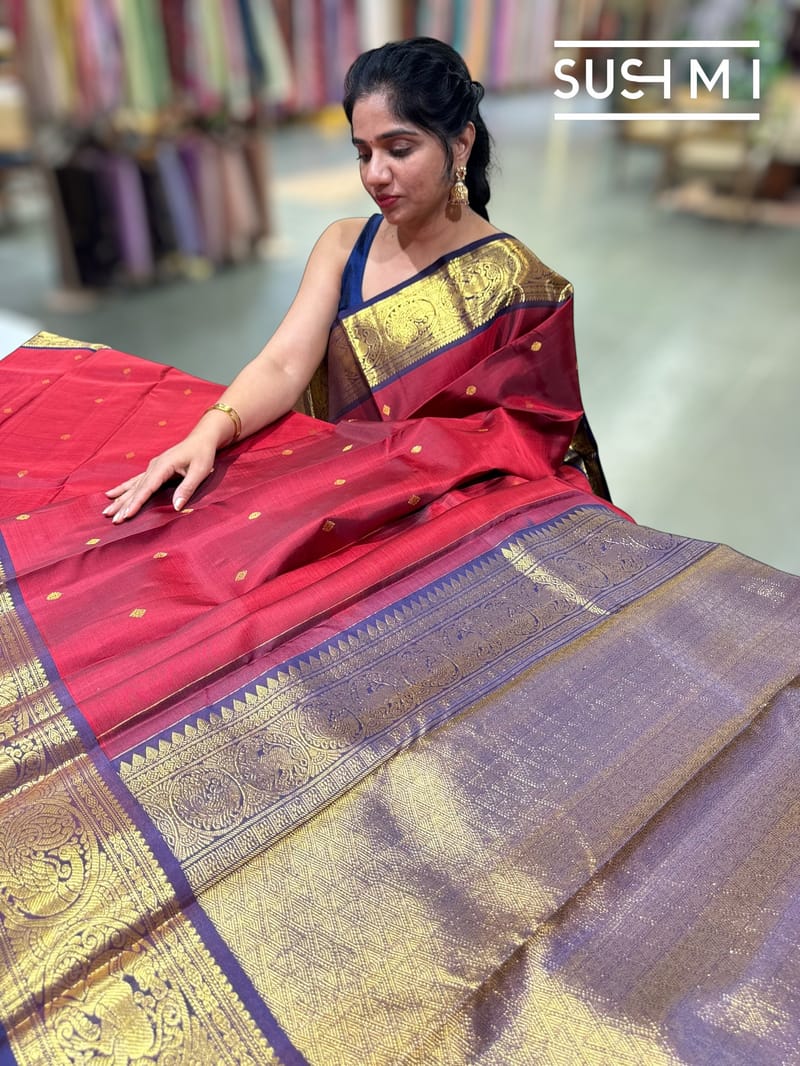 Maroon Red and Blue Vintage Kanjeevaram Saree : S62F117
