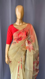 Pastel yellow Designer Organza statement floral printed saree