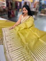 Lime Pure Organza With Temple Embroidered Border & Tussar Printed Blouse SS50297