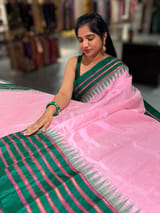 Lotus Pink Ponduru Khadi Saree  in 80’s Count with Kanchi Style Emerald Green borders