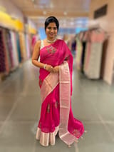 Rani Pink Organza Saree with pure Tissue Border SS50291