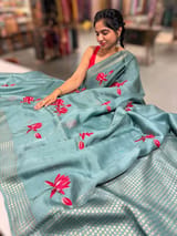 Teal pure handloom tussar byloom saree with lotus embroidered bunch motifs SS50461