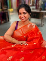 Dark Orange Premium Kora Banarasi Saree with heavy weaving borders and Raw mango style motifs