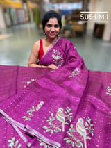 Majenta muslin tissue stripes saree with hibuscus emb