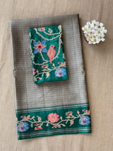 Dusty Grey & Teal Vintage Kanchi soft silk saree with embroidery