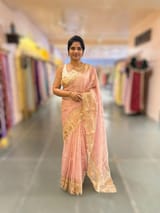 Pastel Pink Mul Tissue Stripes Saree With Tissue Cutwork  Border & Blouse