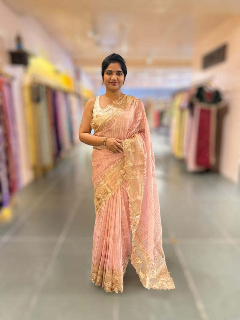 Pastel Pink Mul Tissue Stripes Saree With Tissue Cutwork  Border & Blouse