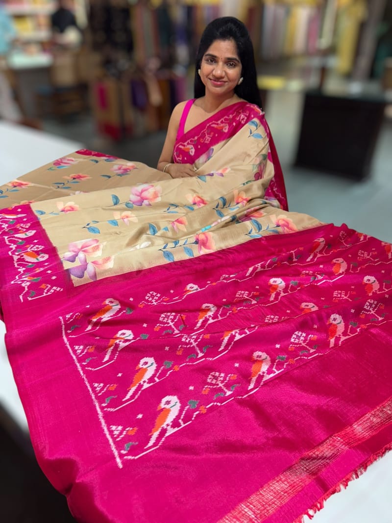 Chickoo & Pink combo Printed ikkath Patola saree SS50344